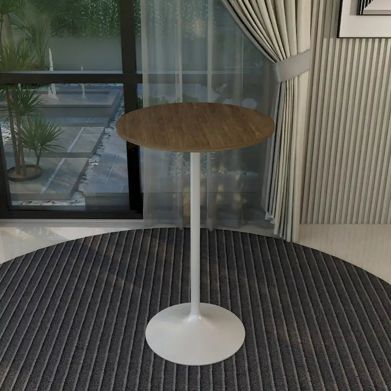 LeisureMod Verve 27 Round Dining Table with MDF Wood TableTop and White Steel Base for Kitchen & Dining Room