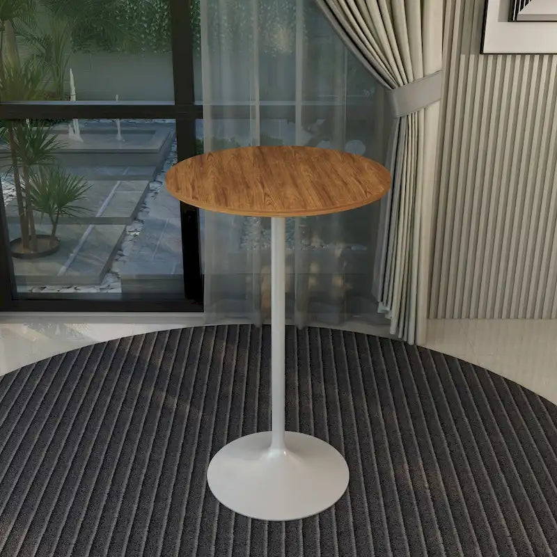 LeisureMod Verve 27 Round Dining Table with MDF Wood TableTop and White Steel Base for Kitchen & Dining Room