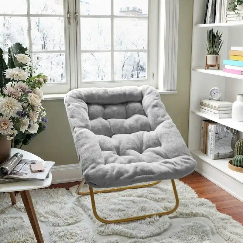 Folding Synthetic Fur Oversized Saucer Chair with Steel Frame - N/A