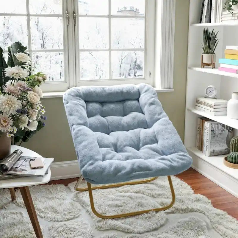 Folding Synthetic Fur Oversized Saucer Chair with Steel Frame - N/A
