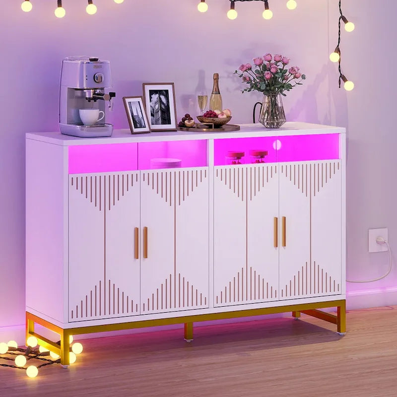 Moasis Modern LED Light Sideboard Buffet Cabinet with Power Outlet for Dining Room Kitchen