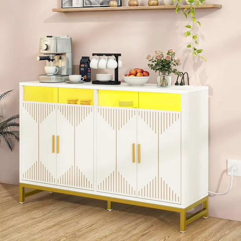 Moasis Modern LED Light Sideboard Buffet Cabinet with Power Outlet for Dining Room Kitchen