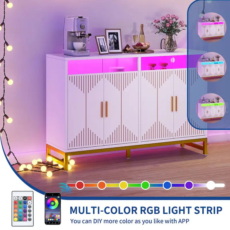Moasis Modern LED Light Sideboard Buffet Cabinet with Power Outlet for Dining Room Kitchen