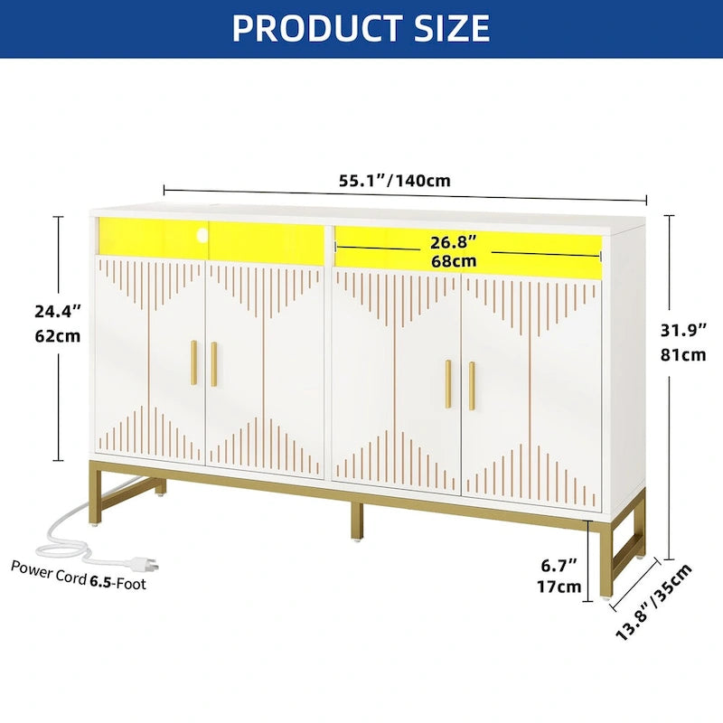 Moasis Modern LED Light Sideboard Buffet Cabinet with Power Outlet for Dining Room Kitchen