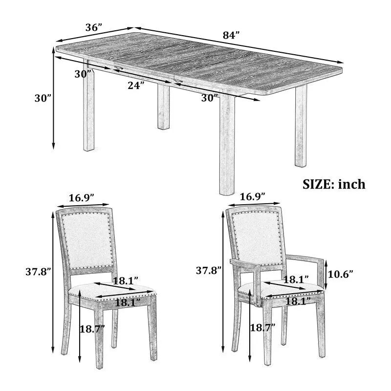 9 Pieces Extendable Dining Table Set with 24inch Removable Leaf , 6 Upholstered Armless Dining Chairs and 2 Padded Arm Chairs