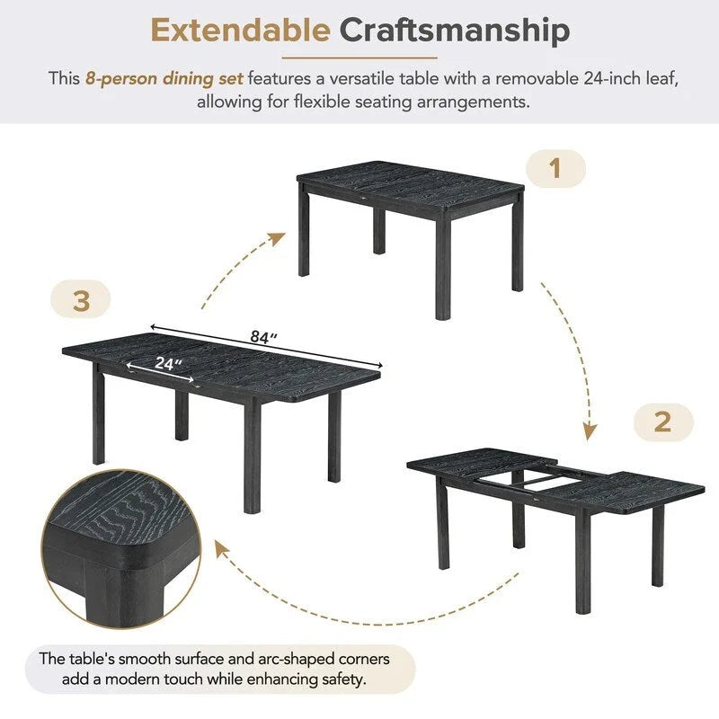 9 Pieces Extendable Dining Table Set with 24inch Removable Leaf , 6 Upholstered Armless Dining Chairs and 2 Padded Arm Chairs