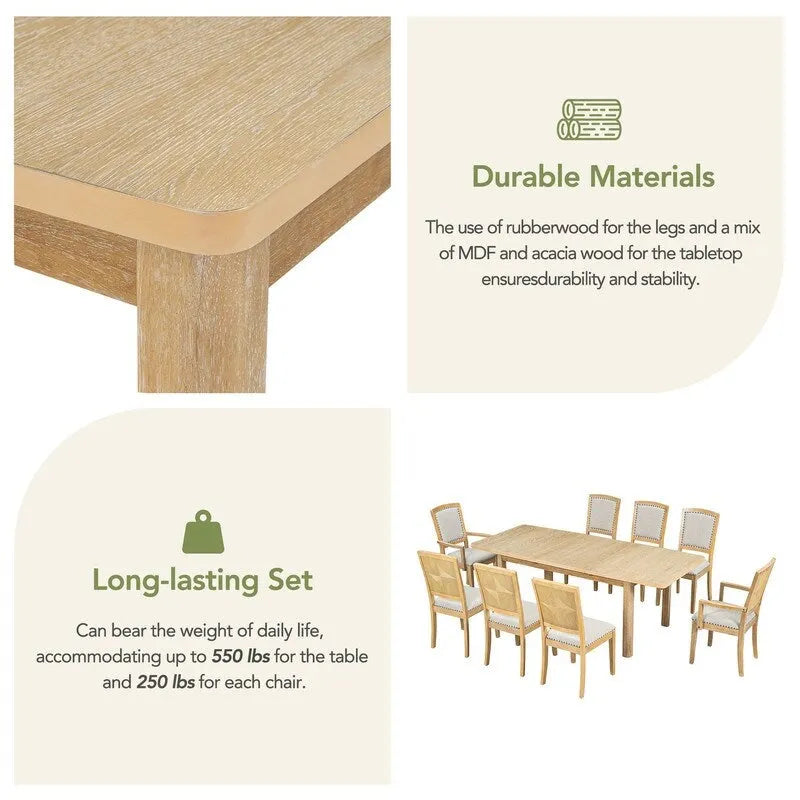 9 Pieces Extendable Dining Table Set with 24inch Removable Leaf , 6 Upholstered Armless Dining Chairs and 2 Padded Arm Chairs