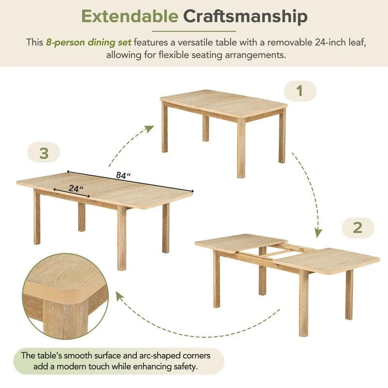 9 Pieces Extendable Dining Table Set with 24inch Removable Leaf , 6 Upholstered Armless Dining Chairs and 2 Padded Arm Chairs
