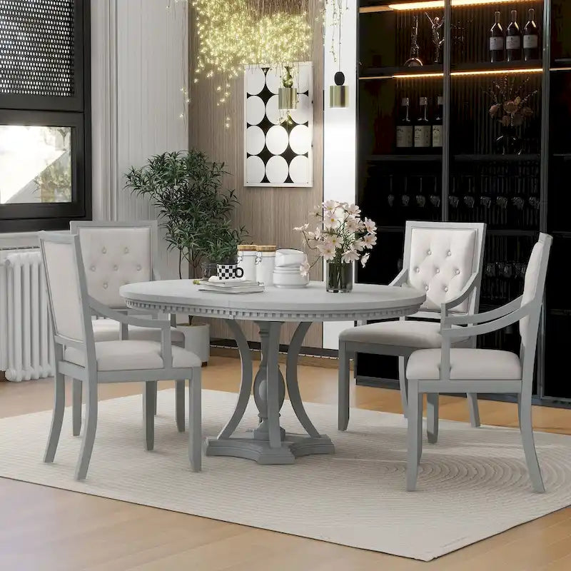 Retro 5-piece Dining Set Extendable Round Table and 4 Chairs for Kitchen Dining Room