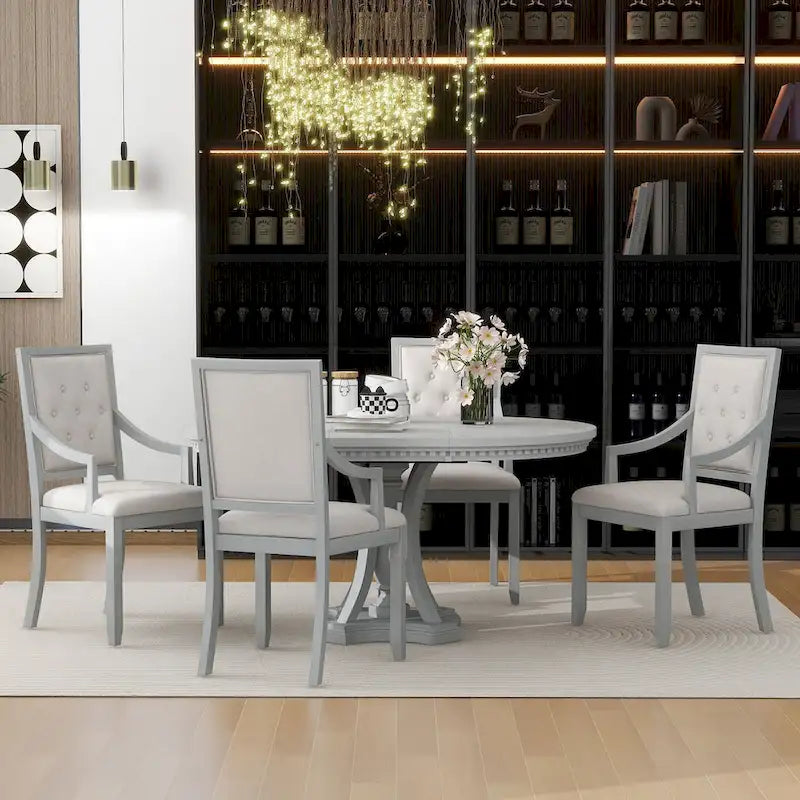 Retro 5-piece Dining Set Extendable Round Table and 4 Chairs for Kitchen Dining Room