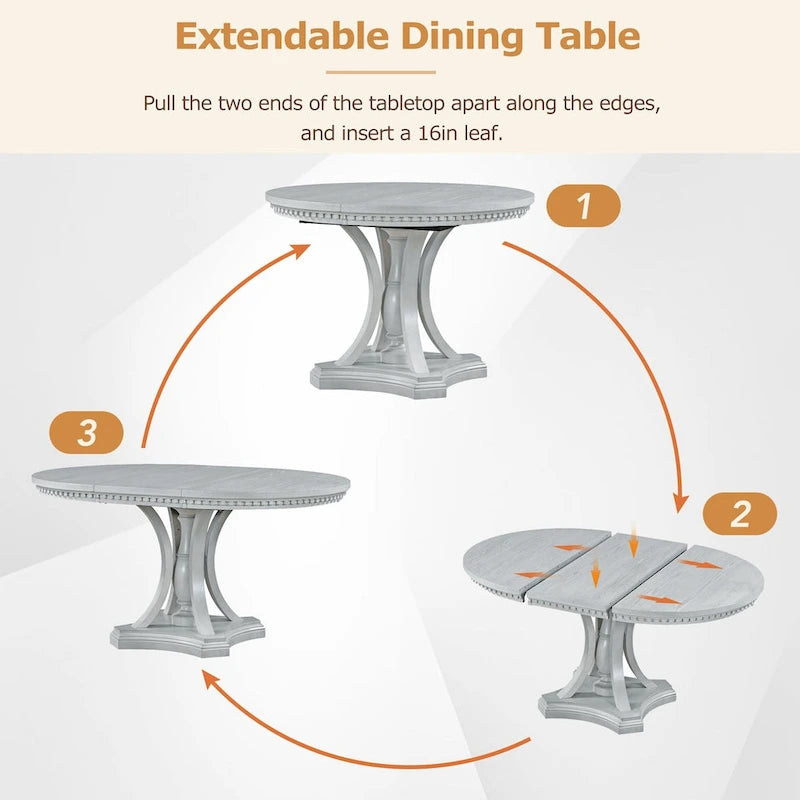 Retro 5-piece Dining Set Extendable Round Table and 4 Chairs for Kitchen Dining Room