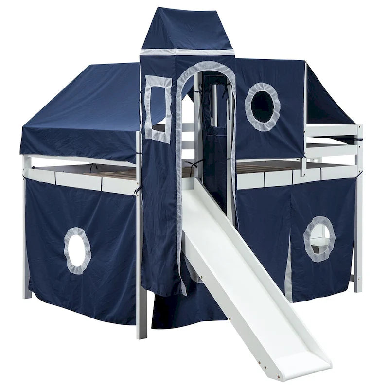 House Full Loft Bed with Slide,Storage Stairs and Tent,Tower and Ladders, Playhouse Full Bed Frame for Kids