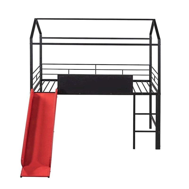 Merax Metal Twin House Loft Bed with Two-sided writable Wooden Board, Slide
