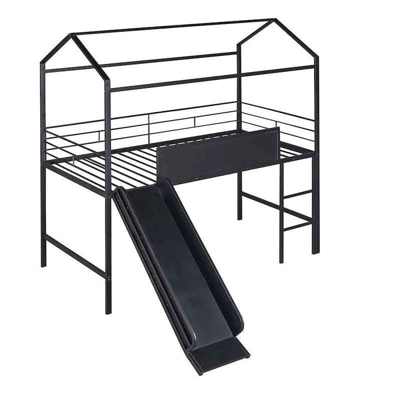 Merax Metal Twin House Loft Bed with Two-sided writable Wooden Board, Slide
