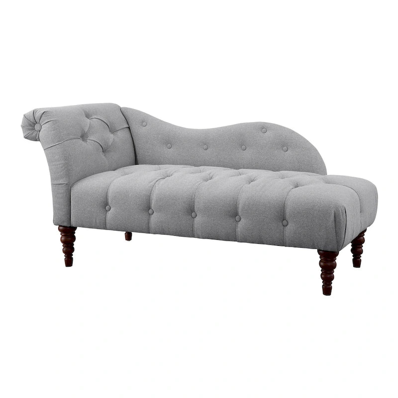 Selena 66 Inch Chaise Lounger, Tufted Gray Polyester, Brown Solid Wood