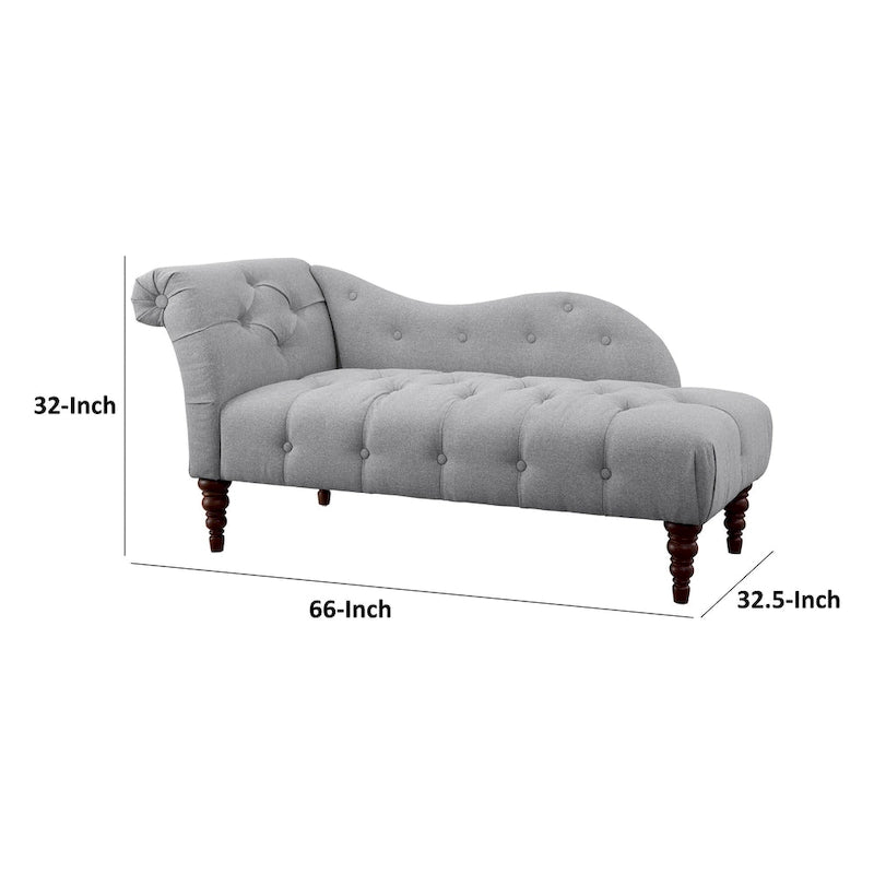 Selena 66 Inch Chaise Lounger, Tufted Gray Polyester, Brown Solid Wood