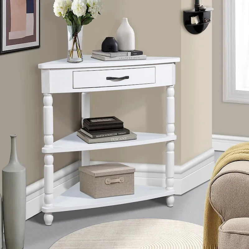 33.8Small Triangle Corner Table, Wood Side Table for Small Spaces Living Room, 3 Tier End Corner Table with Solid Wood Legs