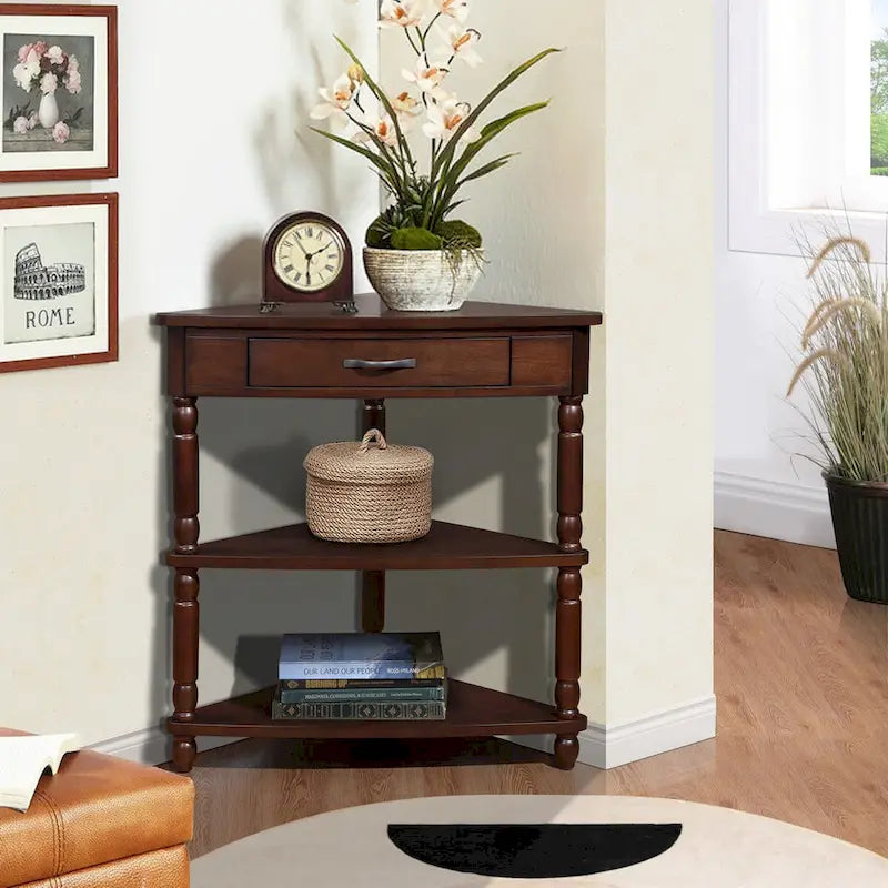 33.8Small Triangle Corner Table, Wood Side Table for Small Spaces Living Room, 3 Tier End Corner Table with Solid Wood Legs