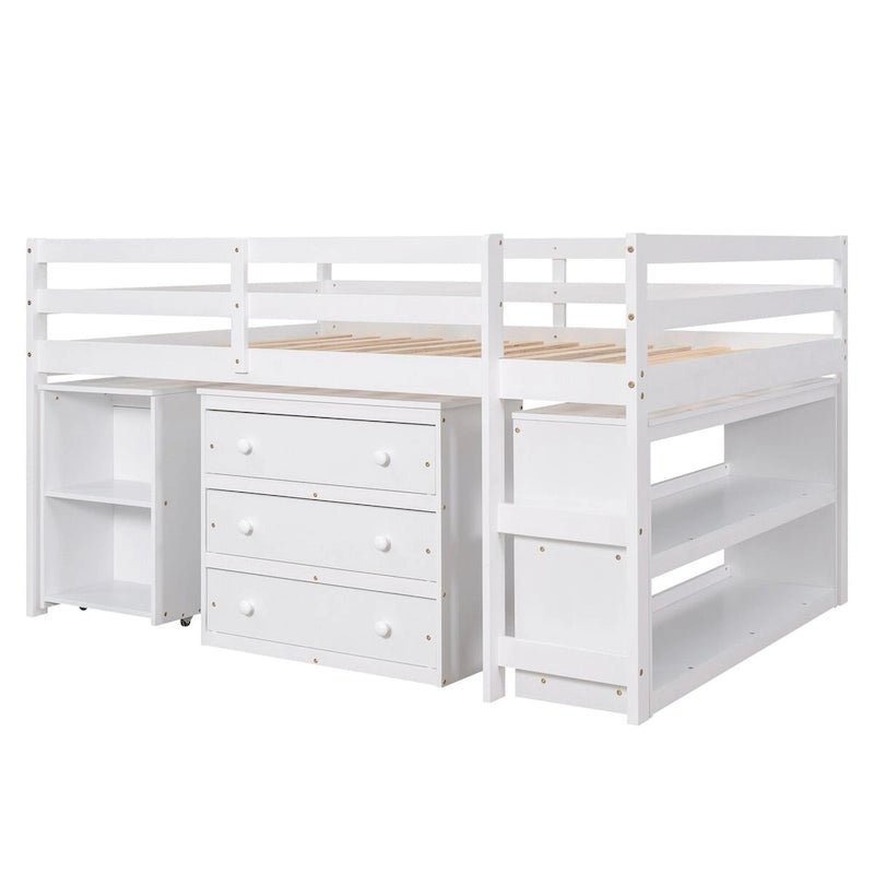 Multiple Functions Low Loft Bed with Cabinet, Shelves and Rolling Portable Desk