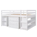 Multiple Functions Low Loft Bed with Cabinet, Shelves and Rolling Portable Desk