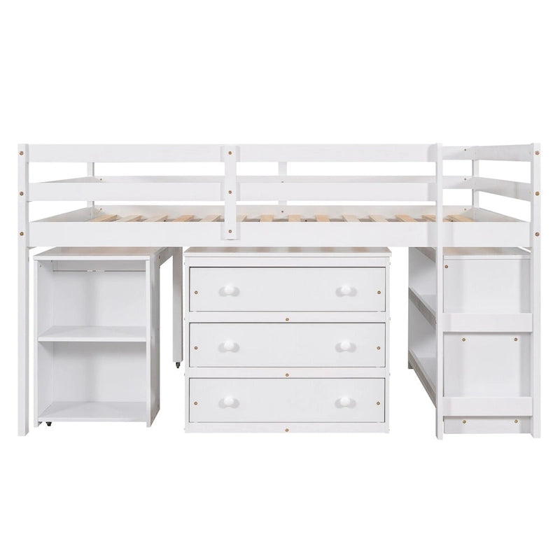 Multiple Functions Low Loft Bed with Cabinet, Shelves and Rolling Portable Desk