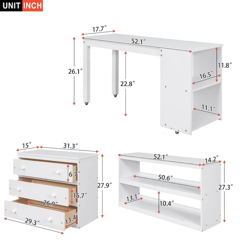 Multiple Functions Low Loft Bed with Cabinet, Shelves and Rolling Portable Desk