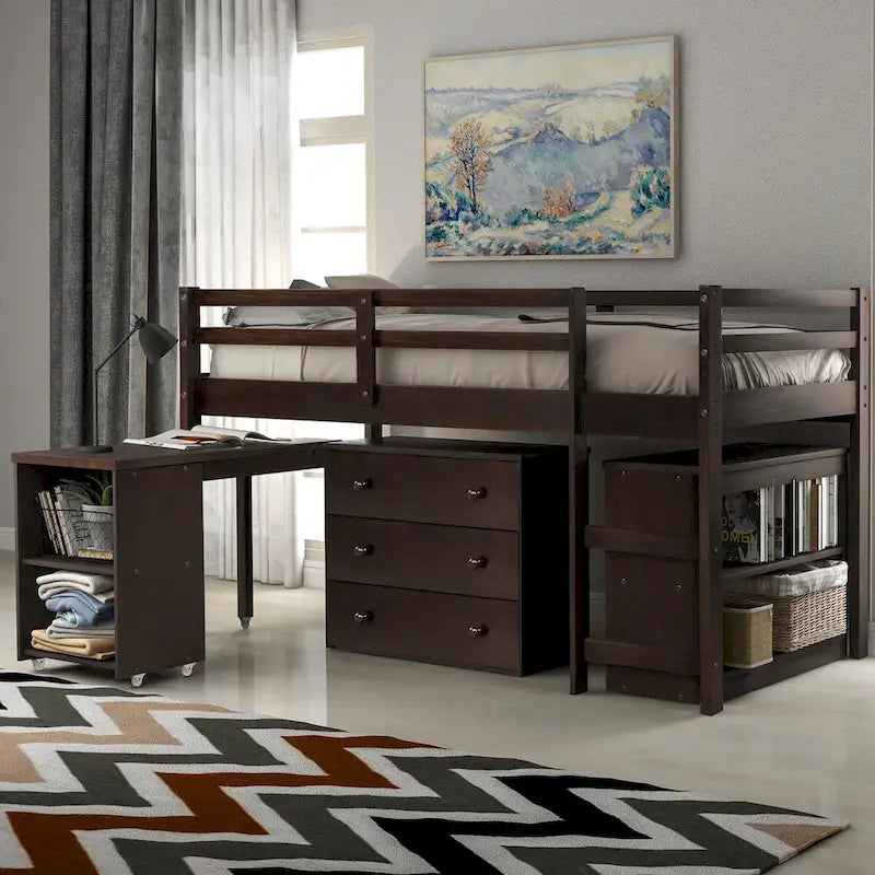 Multiple Functions Low Loft Bed with Cabinet, Shelves and Rolling Portable Desk