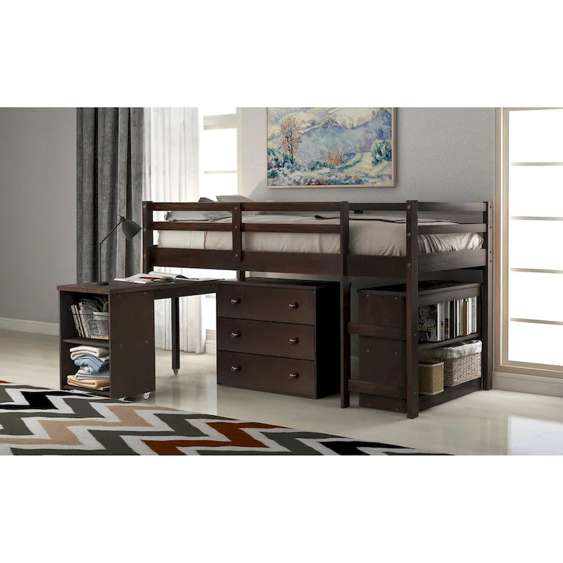 Multiple Functions Low Loft Bed with Cabinet, Shelves and Rolling Portable Desk
