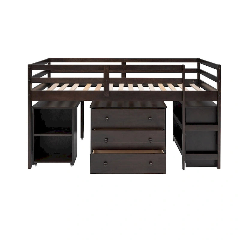 Multiple Functions Low Loft Bed with Cabinet, Shelves and Rolling Portable Desk