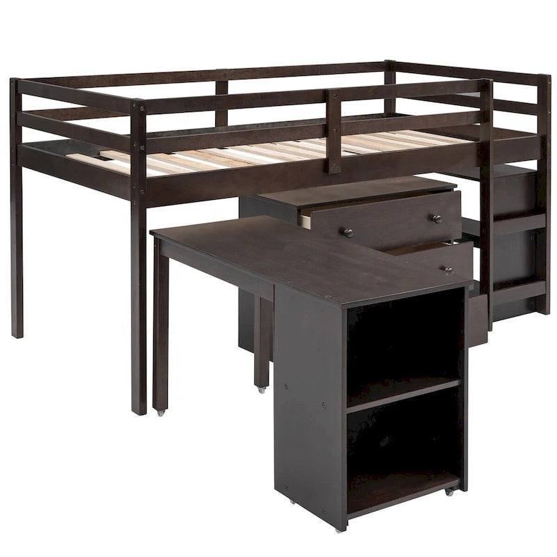 Multiple Functions Low Loft Bed with Cabinet, Shelves and Rolling Portable Desk