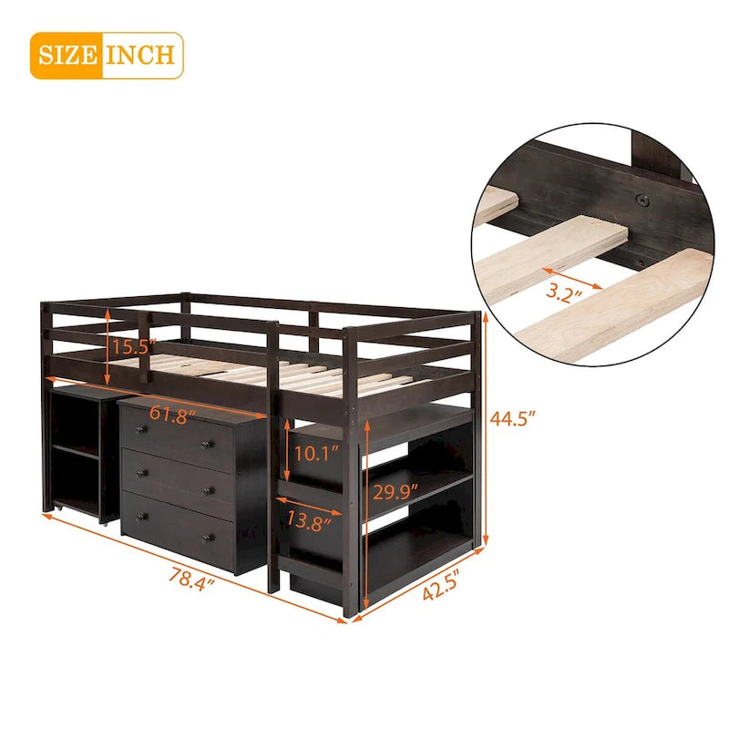 Multiple Functions Low Loft Bed with Cabinet, Shelves and Rolling Portable Desk