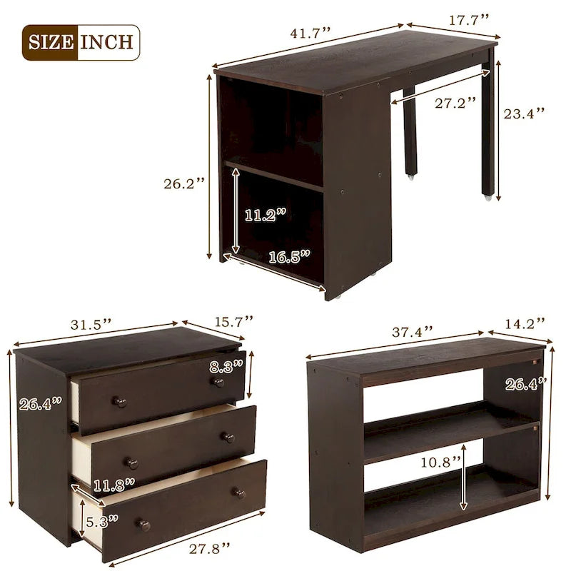 Multiple Functions Low Loft Bed with Cabinet, Shelves and Rolling Portable Desk