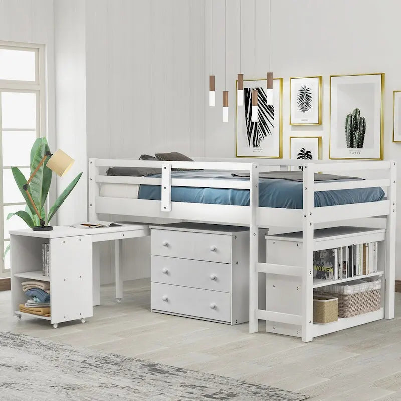 Multiple Functions Low Loft Bed with Cabinet, Shelves and Rolling Portable Desk