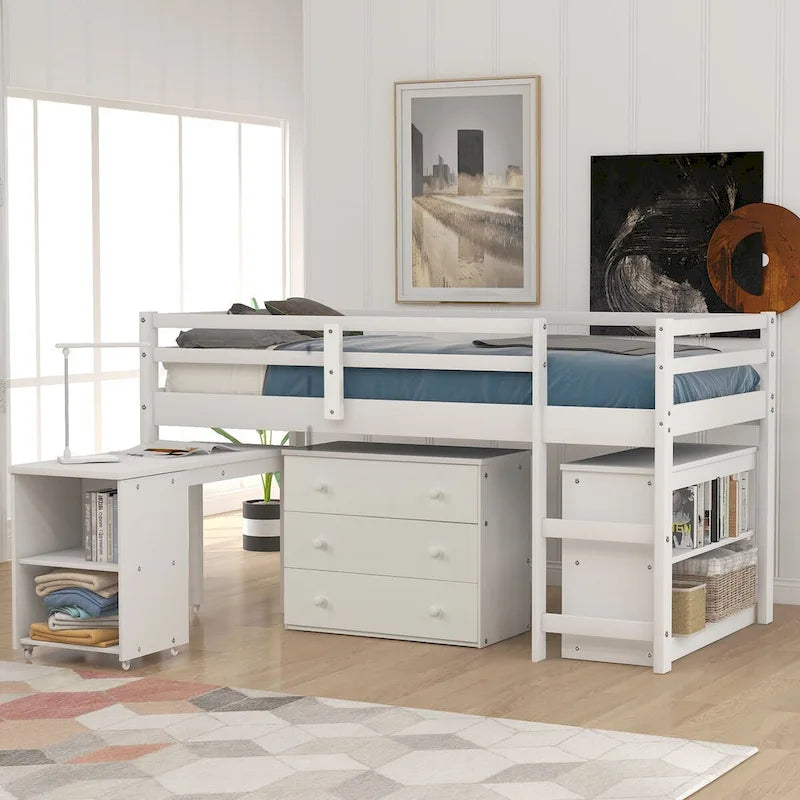 Multiple Functions Low Loft Bed with Cabinet, Shelves and Rolling Portable Desk