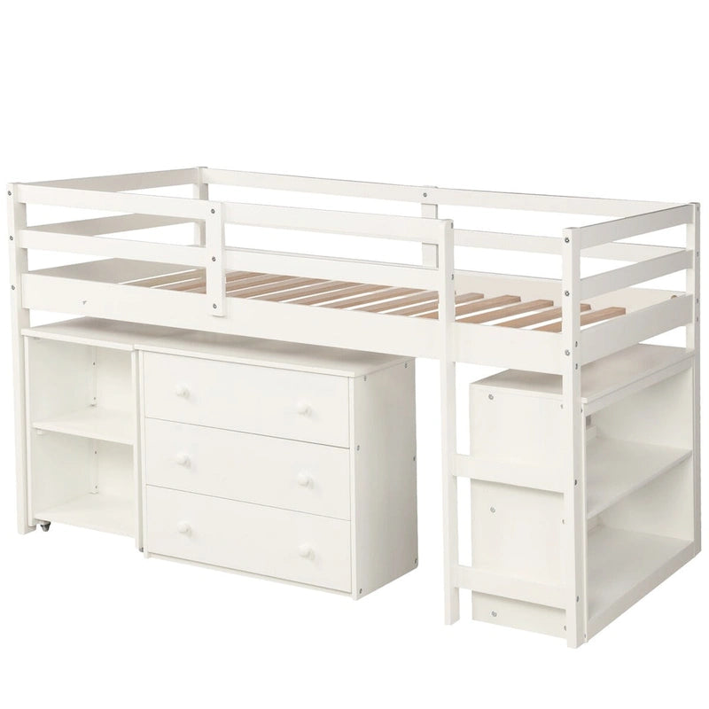 Multiple Functions Low Loft Bed with Cabinet, Shelves and Rolling Portable Desk