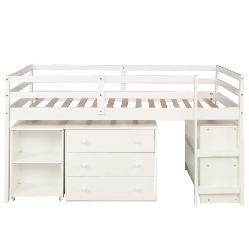Multiple Functions Low Loft Bed with Cabinet, Shelves and Rolling Portable Desk