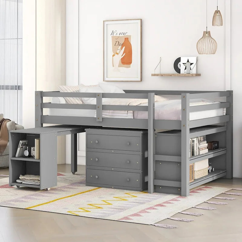 Multiple Functions Low Loft Bed with Cabinet, Shelves and Rolling Portable Desk
