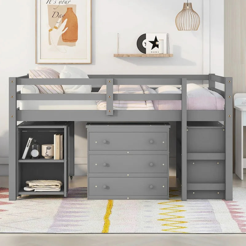 Multiple Functions Low Loft Bed with Cabinet, Shelves and Rolling Portable Desk