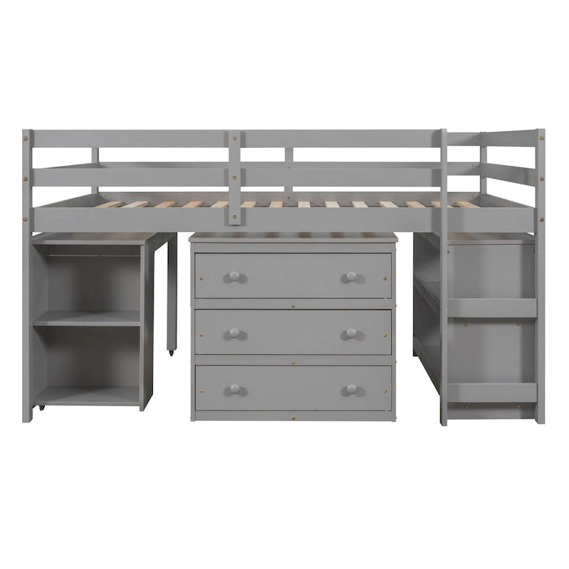 Multiple Functions Low Loft Bed with Cabinet, Shelves and Rolling Portable Desk
