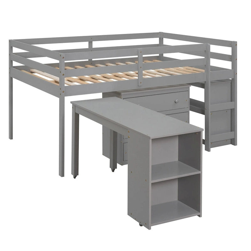 Multiple Functions Low Loft Bed with Cabinet, Shelves and Rolling Portable Desk