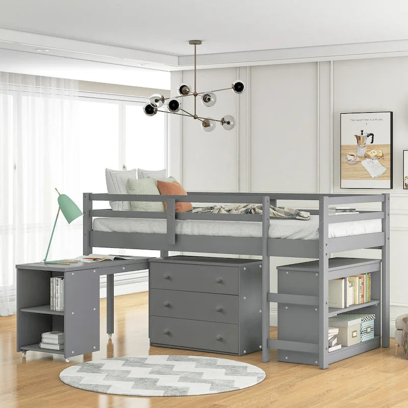 Multiple Functions Low Loft Bed with Cabinet, Shelves and Rolling Portable Desk