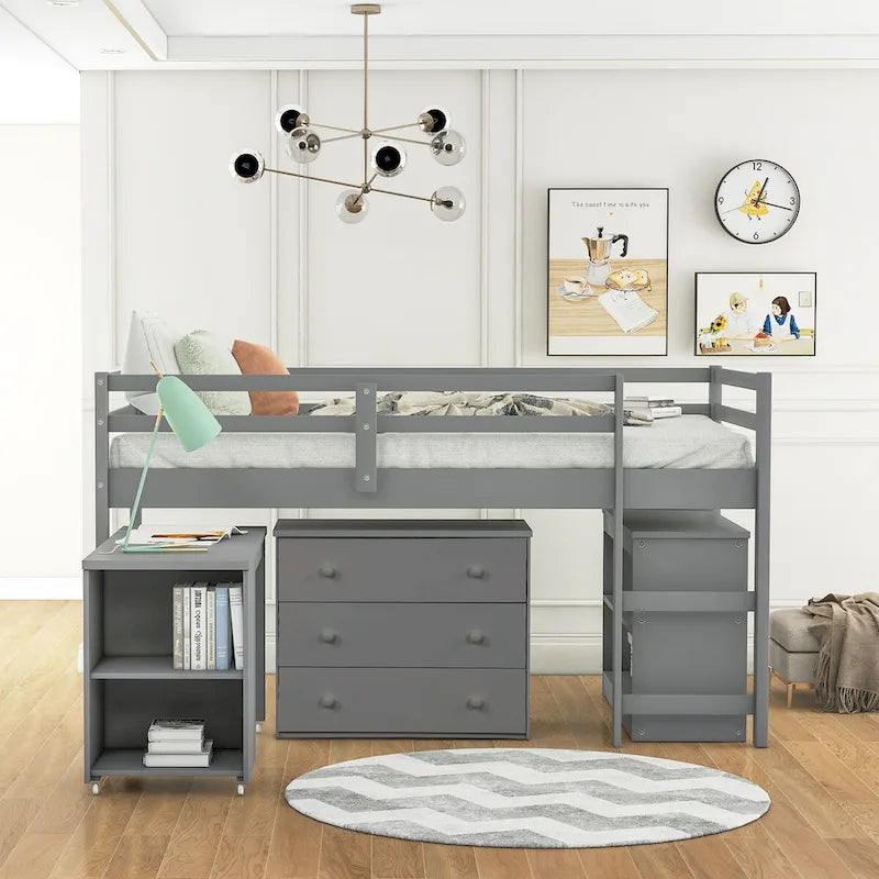 Multiple Functions Low Loft Bed with Cabinet, Shelves and Rolling Portable Desk