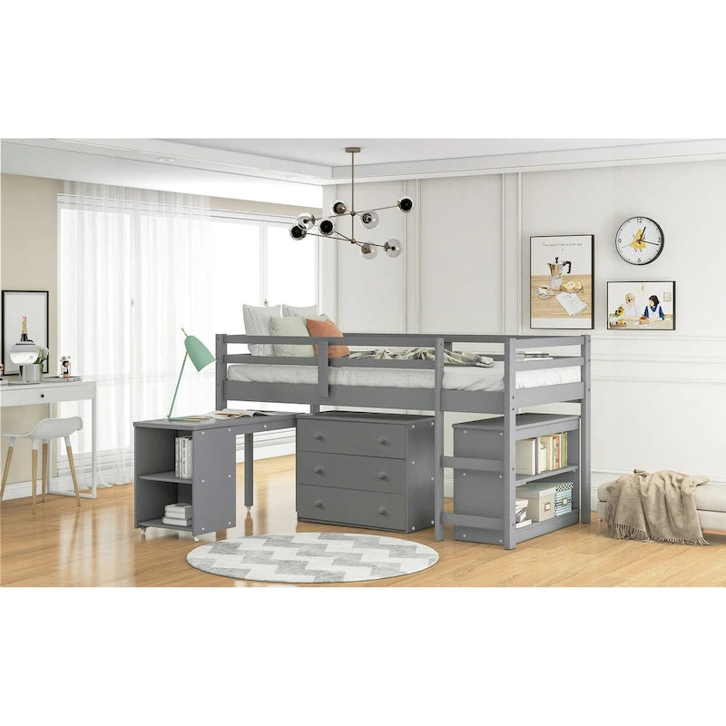 Multiple Functions Low Loft Bed with Cabinet, Shelves and Rolling Portable Desk