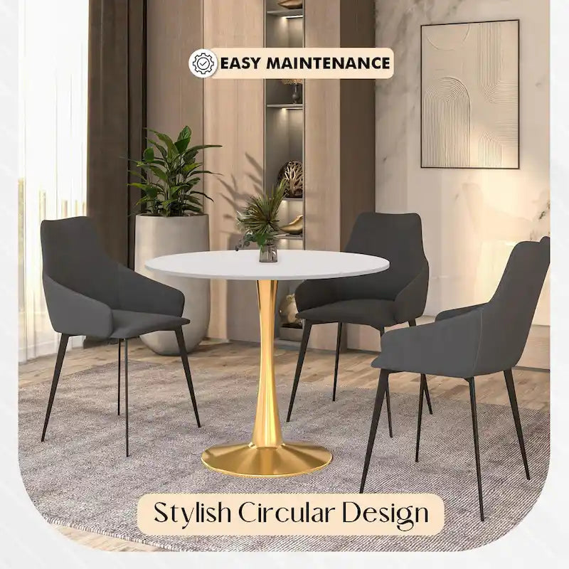 LeisureMod Bristol 31 Round Dining Table for 4 with MDF Wood Tabletop in Gold Steel Base for Kitchen & Dining Room