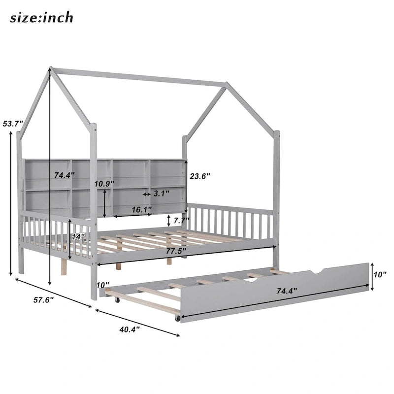 Full Solid Wood House Day Bed with Trundle