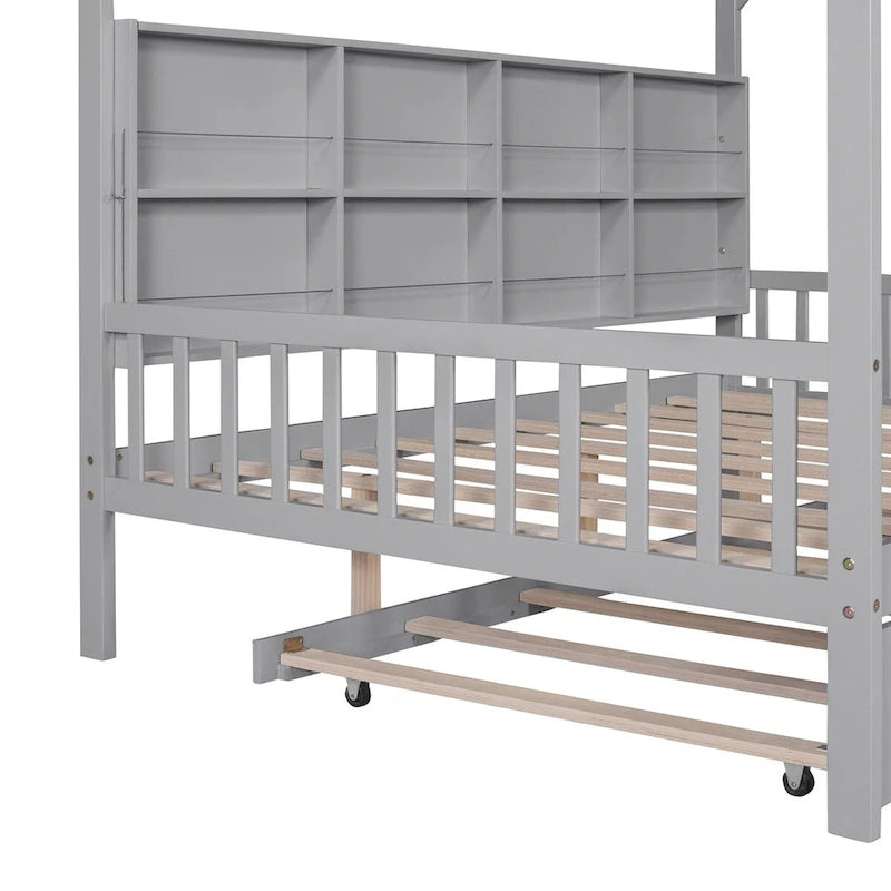 Full Solid Wood House Day Bed with Trundle
