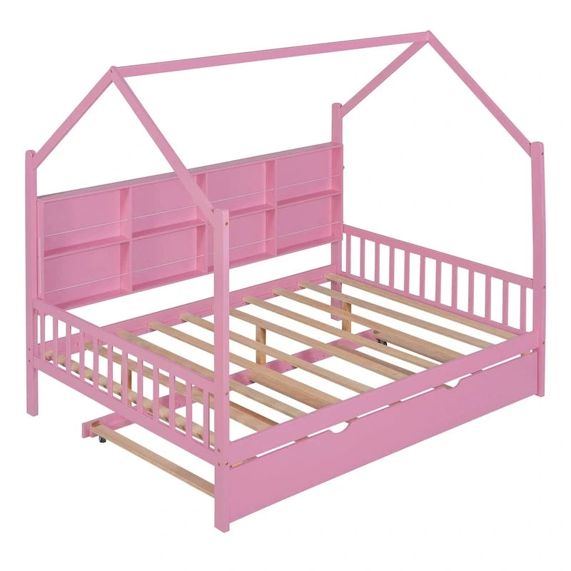 Full Solid Wood House Day Bed with Trundle
