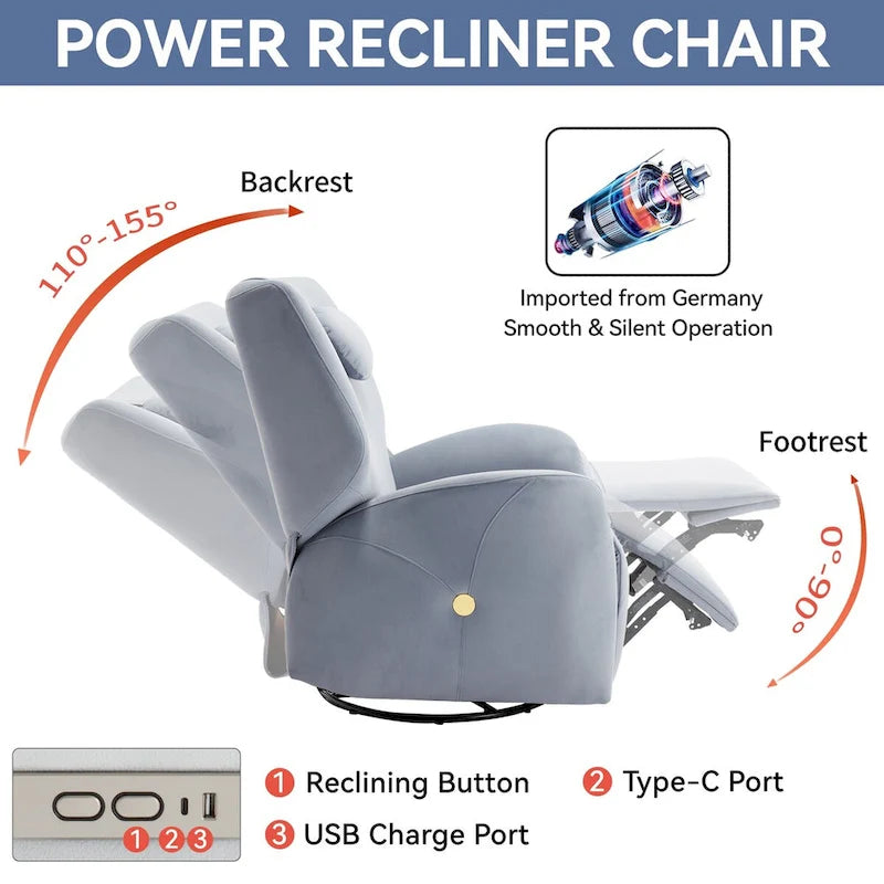 Swivel & Rocker Power Recliner Chair with Lumbar and Neck Support Pillow, USB, Type-C Ports