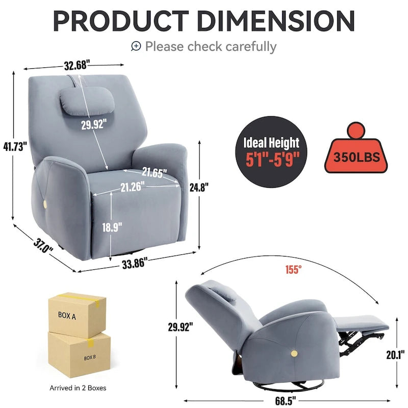 Swivel & Rocker Power Recliner Chair with Lumbar and Neck Support Pillow, USB, Type-C Ports