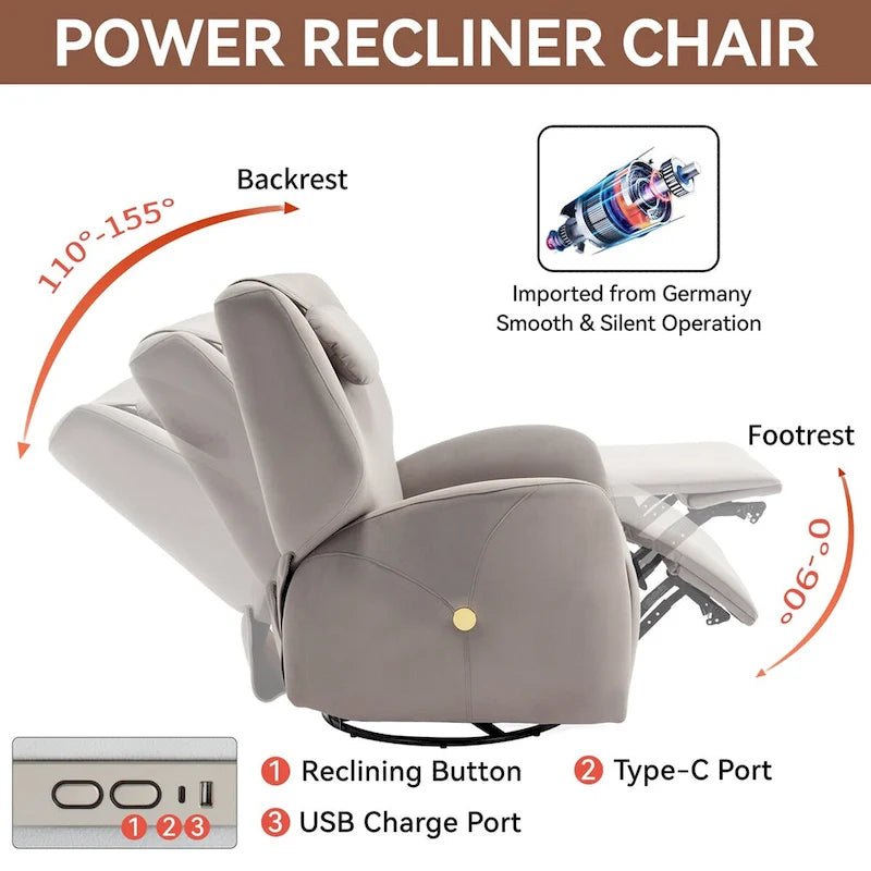 Swivel & Rocker Power Recliner Chair with Lumbar and Neck Support Pillow, USB, Type-C Ports